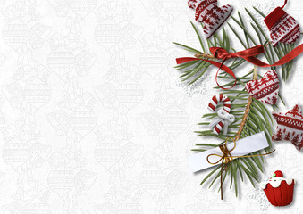 Christmas background with cozy sweet decorations on white backdrop, postcard