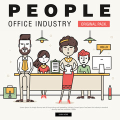 Modern office people industry. Thin line business day concept. Coworking creative and meeting teamwork elements. Corporate human infographics and icons idea concept symbol.