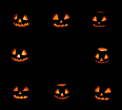 eight halloween pumpkins frame on black background