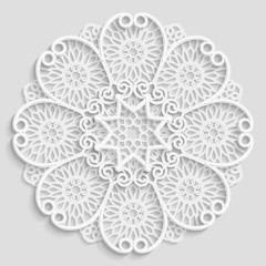 Lace 3D mandala, round symmetrical openwork pattern, lacy doily, decorative  snowflake, arabic ornament, indian ornament, embossed pattern, decorative design element,  vector