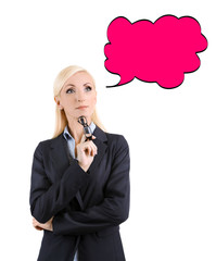 Businesswoman with word bubble on white background. Business training and strategy concept.