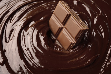 Delicious melted chocolate with piece, closeup