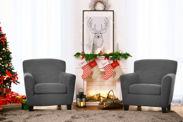 Interior of beautiful living room decorated for Christmas