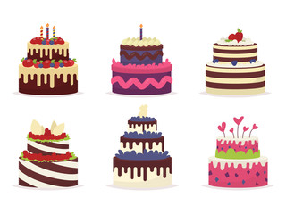 Set of beautiful cakes for birthdays, weddings, anniversaries an