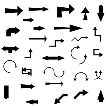 Arrows set. Arrow of different shapes, linear symbols collection. Pointer direction, isolated vector illustration.