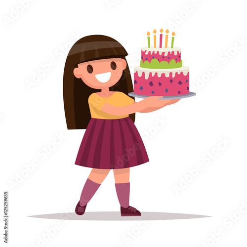 "Children's birthday. Girl holding a large cake. Vector illustra" Stock