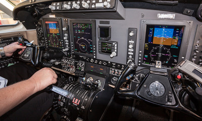Instrument panel with glass cockpit in a modern corporate turbop