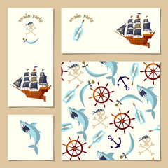 Set of 4 universal cards for Pirate Party. Template.