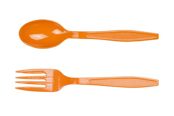 plastic spoon and fork isolated on white background