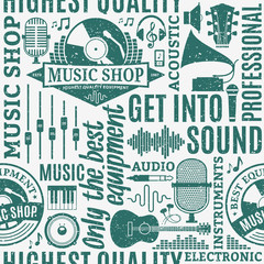 Obraz premium Retro styled typographic vector music shop seamless pattern