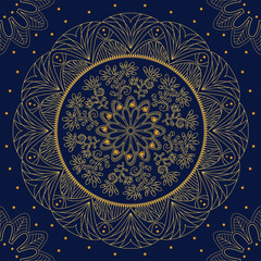 Seamless blue and gold mandala pattern