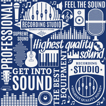 Typographic vector recording studio and music label seamless pat