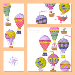 Set of 4 universal cards with hot air balloons. Template.