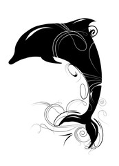 Ein Delfin springt aus dem Wasser.  Der Delfin ist ornamental verziert © namosh