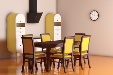 Simple Modern Olive - Green Kitchen with table and chairs. 3d Re