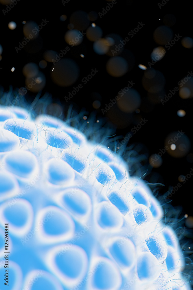 Poster microscope view of bacteria cell. 3d rendering