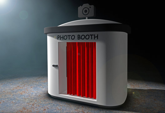 Photo Booth with Red Curtain in the volumetric light. 3d Renderi