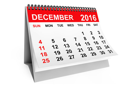 Calendar December 2016. 3d rendering