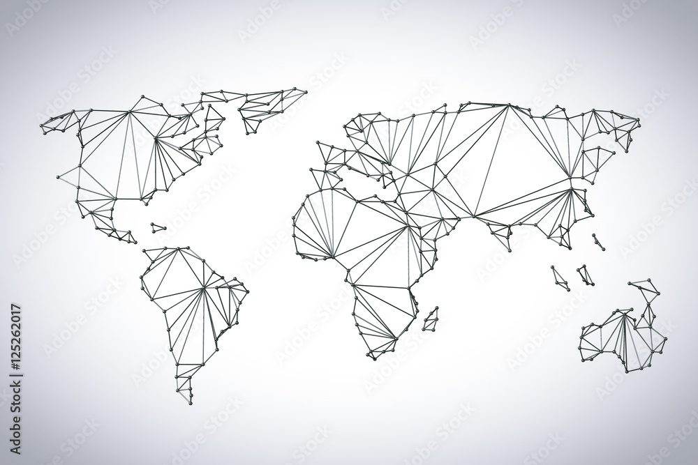 Poster stylized wired low poly world map. 3d rendering