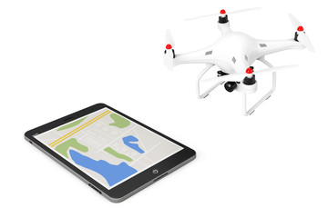 White Quadrocopter drone with Photo Camera near Tablet PC. 3d Re