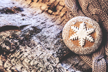 Christmas homemade cookies located on the tree bark