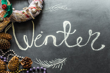 Chalk inscription winter on black Board holidays