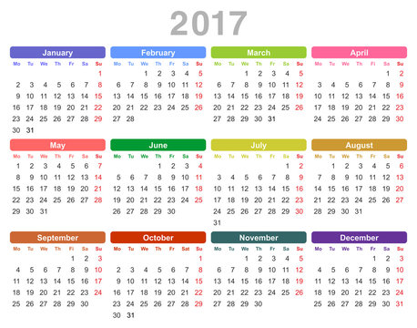 2017 year annual calendar (Monday first, English)