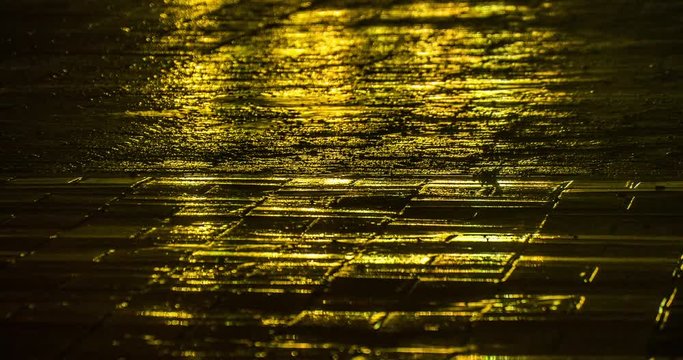 Timelapse shot of Light reflection on sidewalk in raining night

