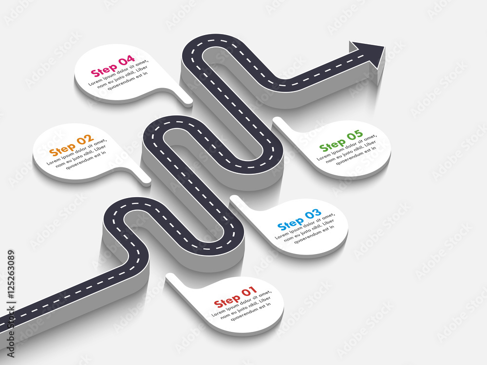 Poster road way location infographic template with a phased structure. winding road timeline. stylish 3d se