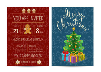 Invitation on Christmas party with date and time. Wrapped gifts near decorated toys Christmas tree, gingerbread cookies cartoon vectors. Merry Christmas and happy New Year greetings. Xmas celebrating