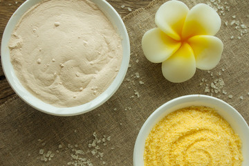Sea salt, sea powder and soap top view