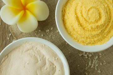 Sea salt, sea powder and soap top view