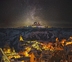 Ancient Goreme town and castle of Uchisar  at night in Cappadocia, Central Anatolia,Turkey