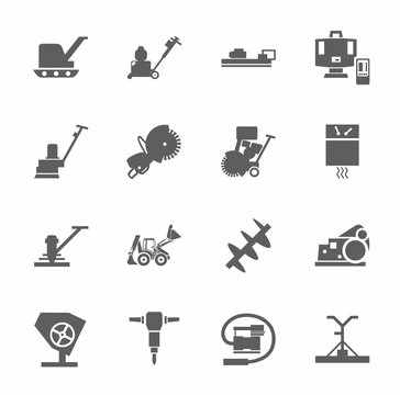 Equipment for working with concrete, construction machinery, single-color icons. Gray, vector image of construction equipment and tools on white background. 