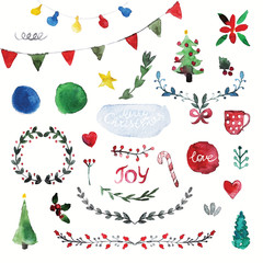 Vector set of hand drawn watercolor Christmas and New Year symbols