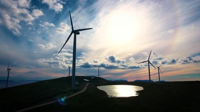 Windmills for electric power production. Arctic View Havoygavelen windmill park, Havoysund, Northern Norway Aerial footage.