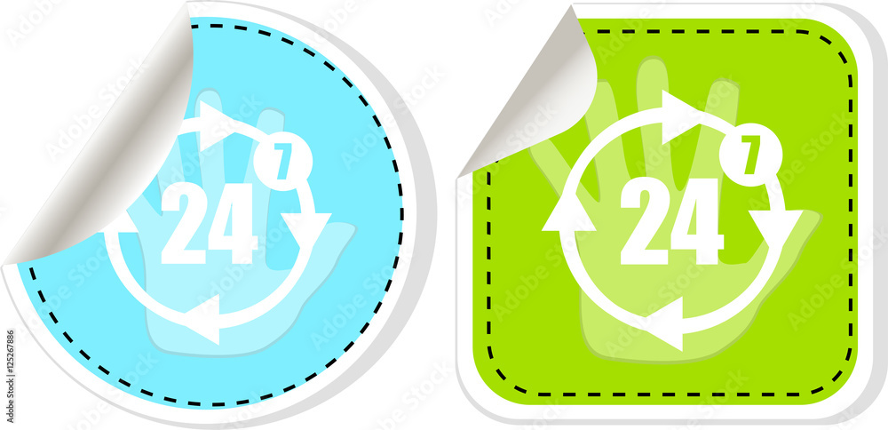 Poster button with twenty four hours by seven days icon, isolated on white