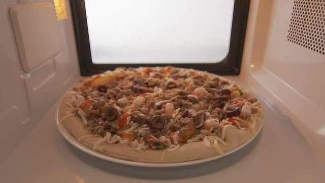 Defrosting frozen seafood pizza Frutti di Mare in microwave oven. Inside view version without external lighting for more natural look
