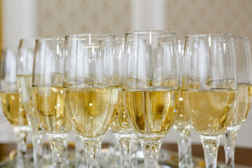 many of the champagne glasses on the table. Soft Focus, Selective Focus