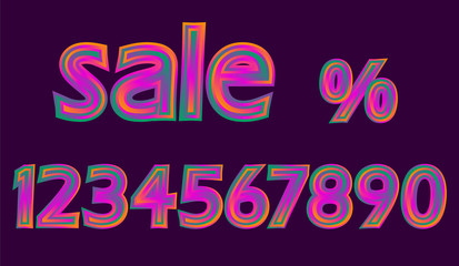 Disco Neon Pink Glowing Sale Numbers Set Discount Percent vector illustration