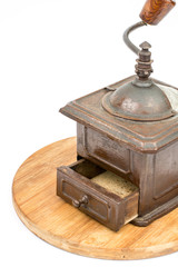 Old rustic wooden hand mill for coffee and spices