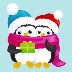 two happy cute Christmas penguin in hat and scarf are a stack of Christmas gifts on the eve of the new year. Greeting vector illustration with presents ands animals