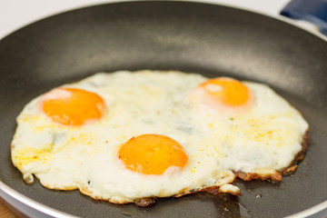 Closeup macro view of fried eggs in teflon frying pan