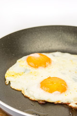 Closeup macro view of fried eggs in teflon frying pan