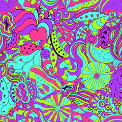 Seamless abstract hand-drawn waves pattern. Neon colors