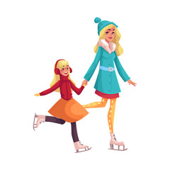 Fototapeta na wymiar Happy mother and daughter ice skating together, cartoon vector illustrations isolated on white background. Mother and daughter ice skating, talking and having fun, winter activity