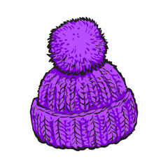 Bright purple winter knitted hat with pompon, sketch style vector illustrations isolated on white background. Hand drawn woolen hat with a big fluffy pompom, winter accessory