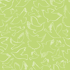 Seamless pattern with white lineal birds on olive background. Vector hand drawn birds.