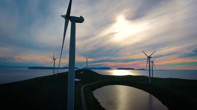 Windmills for electric power production. Arctic View Havoygavelen windmill park, Havoysund, Northern Norway Aerial footage.