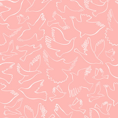 Seamless pattern with white lineal birds on pastel background. Vector hand drawn birds